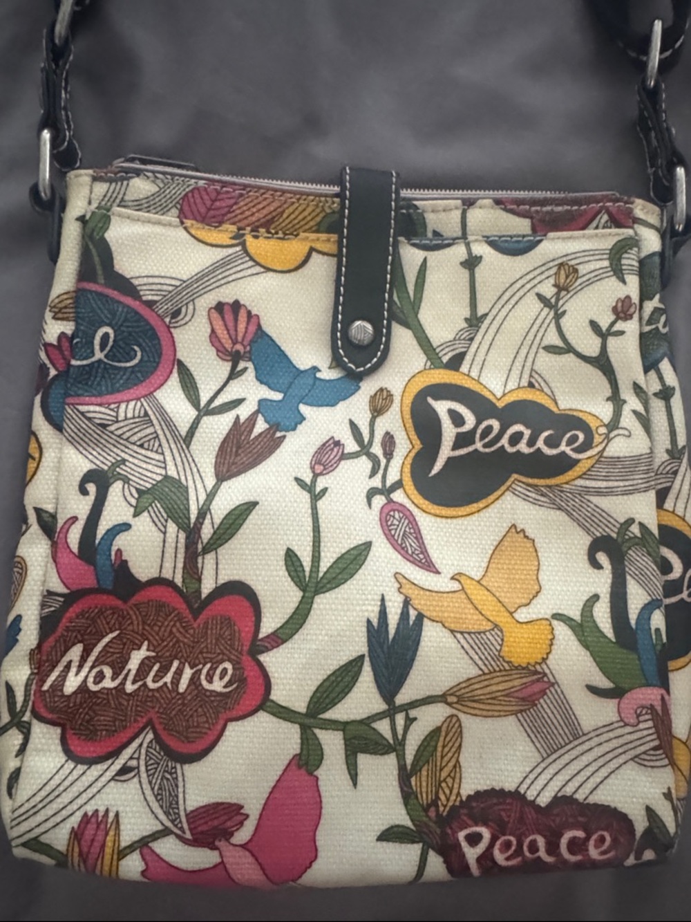Peace & Nature Floral Canvas Crossbody Bag - Multicolor